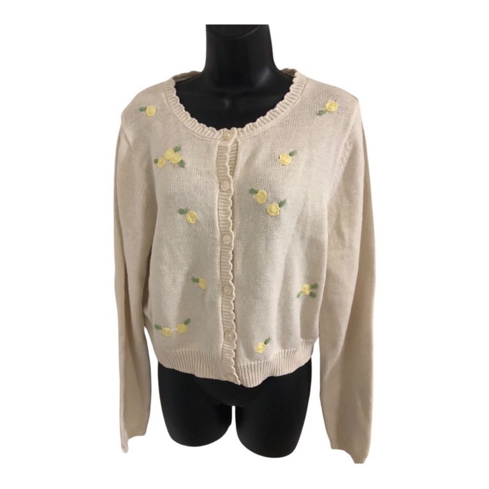 Jessica Simpson cream embroidered yellow flowers scallop collar‎ cardigan size L